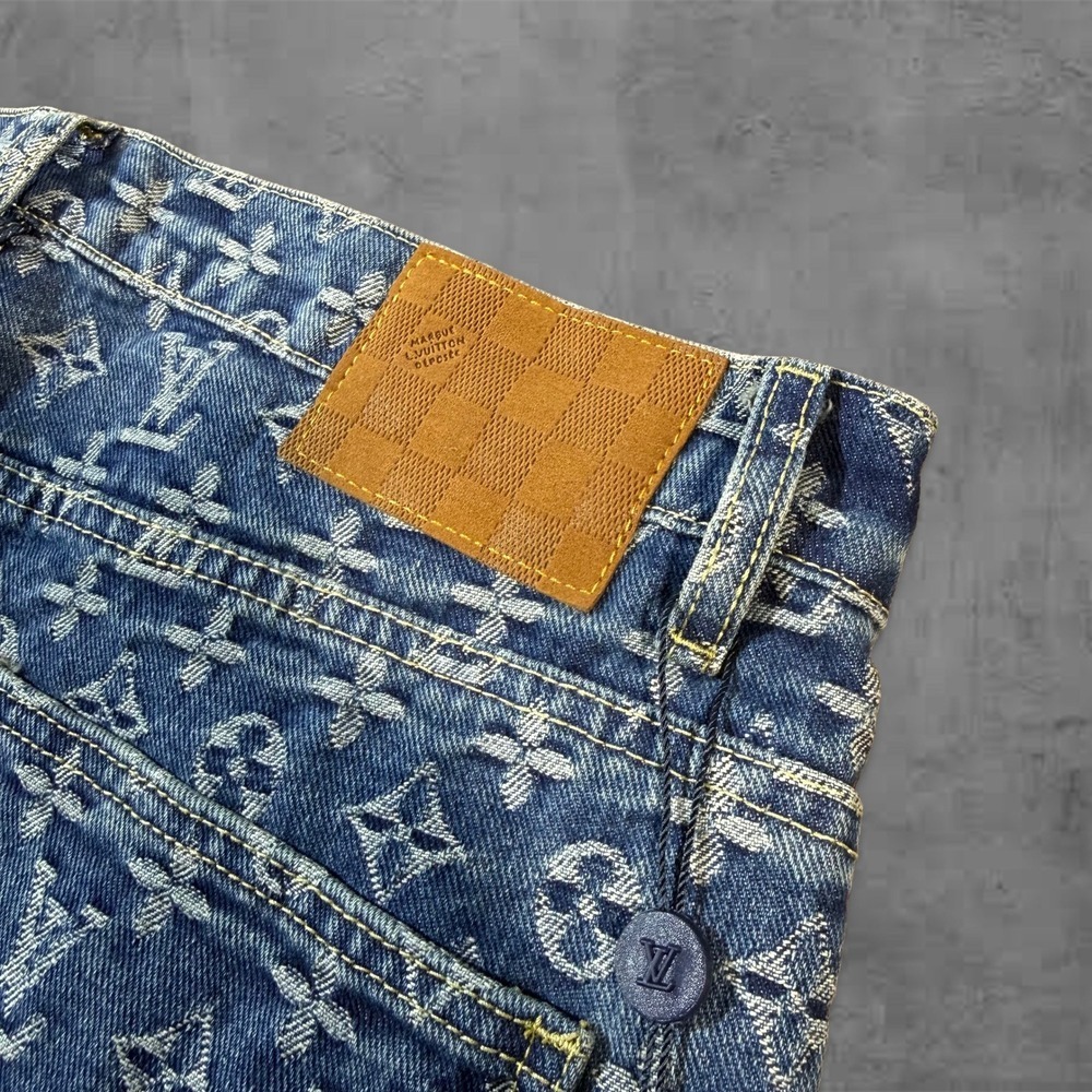 Wide Leg Blue Louis Vuitton Lv Monogram Leather Design Streetwear Jeans - Picture 6 of 9
